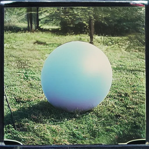 Image similar to a pastel coloured Polaroid photo of a sun lounger surrounded by soft spheres, both made of transparent iridescent perspex stood centrally in a field, beams of light, nostalgic