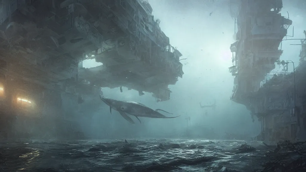Image similar to dramatic Photorealistic,hyper detailed Matte Painting of an under water scene with a deep sea submersible with bright head lights exploring post apocalyptic underwater ruin city street,dark Tall empty buildings,gigantic blue whale swims above by Greg Rutkowski,Craig Mullins,Hyperrealism,Beautiful dark dramatic moody lighting,underwater caustics,Cinematographic Atmosphere,Volumetric light rays,VRay Rendering,8K