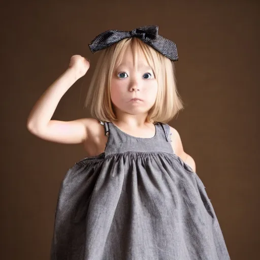 Prompt: little girl in anime style with short grey hair wearing a potato sack as dress