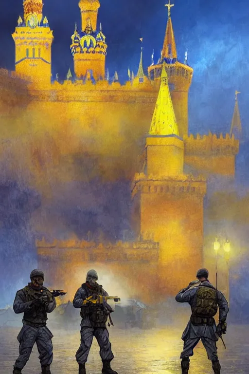 Image similar to special forces soldier installin ukrainian blue and yellow flag on red square kremlin, masculine figure, d & d, fantasy, bright atmosphere, volumetric lights, intricate, elegant, extremely detailed, digital painting, artstation, concept art, matte, smooth, sharp focus, hyper realistic, illustration, art by artgerm and greg rutkowski and alphonse mucha