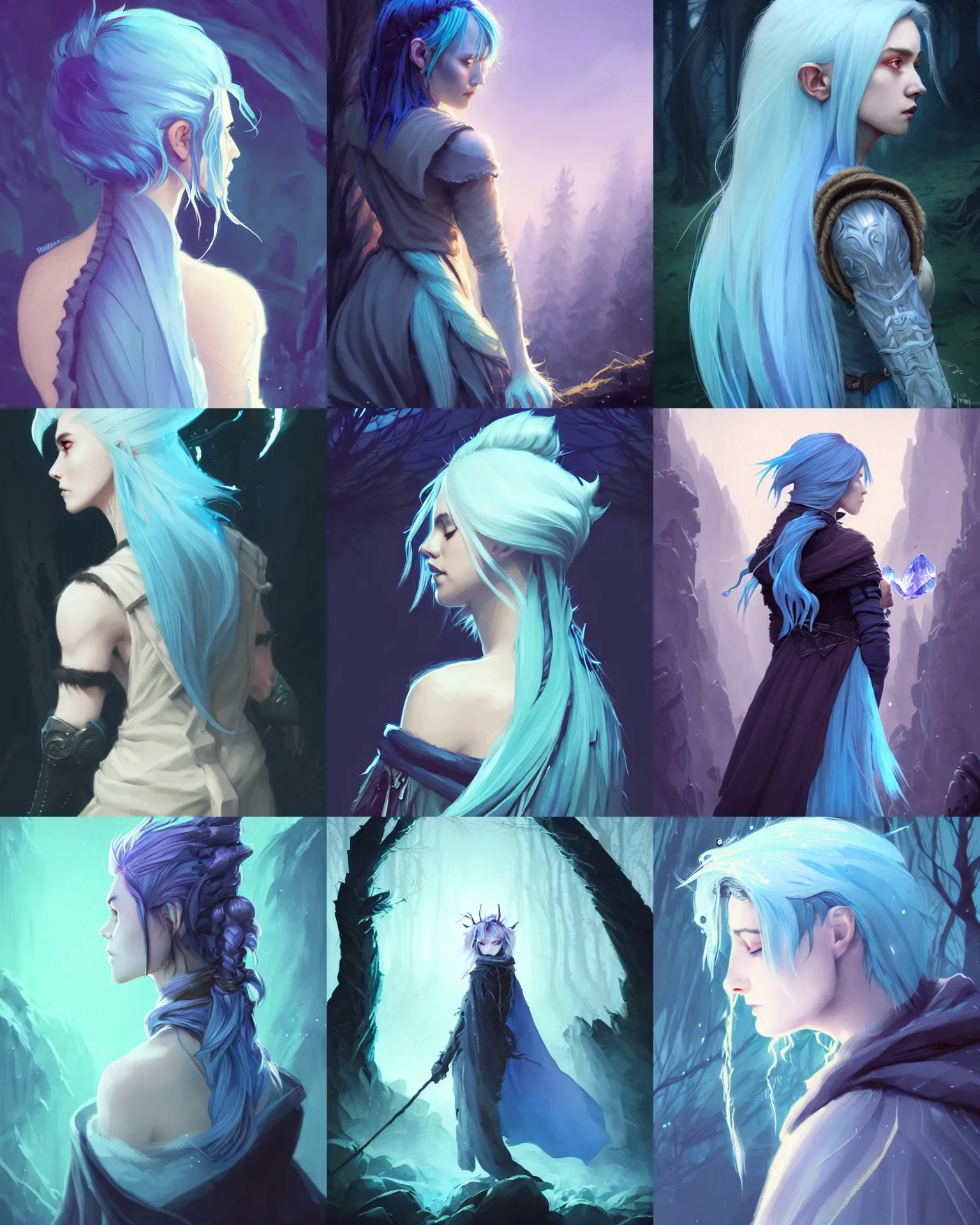 Prompt: cinematic back portrait rugged girl, adventurer outfit large cloak, fantasy forest landscape, supervillain sorceress witch, fantasy magic, undercut hairstyle, ice blue hair color, ice water magic, dark light night, intricate, elegant, sharp focus, illustration, highly detailed, digital painting, concept art, matte, art by WLOP and Artgerm and Greg Rutkowski and Alphonse Mucha, masterpiece