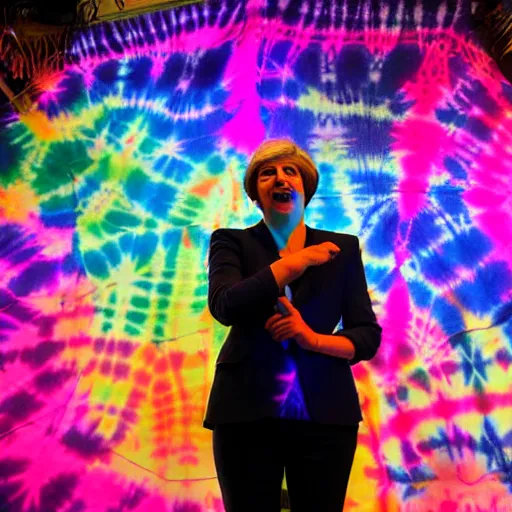 Prompt: Theresa May at a psytrance club, magic mushrooms, lasers, tie-dye, psychedelic