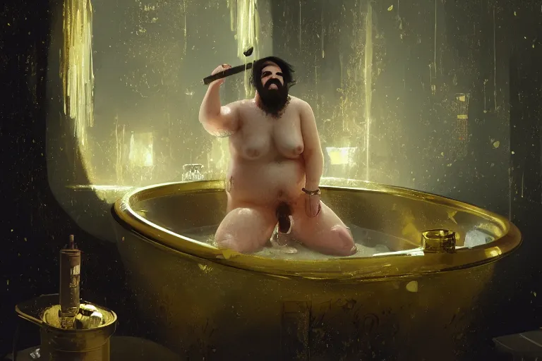 Image similar to Hairy fat dwarf bathing in a gold tub and smoking a cigar, futuristic neon, decorated with traditional Japanese ornaments by Ismail inceoglu dragan bibin hans thoma greg rutkowski Alexandros Pyromallis Nekro Rene Maritte Illustrated, Perfect face, fine details, realistic shaded, fine-face, pretty face