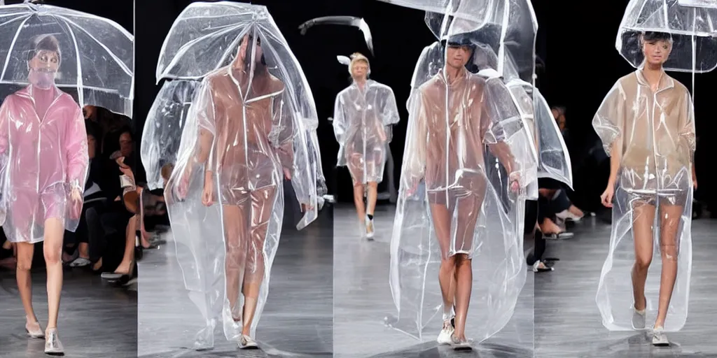 Image similar to catwalk fashion in transparent raincoats holding transparent umbrellas