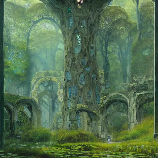 Image similar to ancient overgrown! ruins, medieval gates, runestones, mysetrious etherial mesmerizing runic!!, eyes, magical elven geometry, concept art by gustav klimt!, deviantart contest winner, environmental art, high detail, resembling the ace of swords tarot card by greg rutkowski