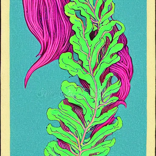 Image similar to vintage colored detailed illustration of random seaweed, neon colors