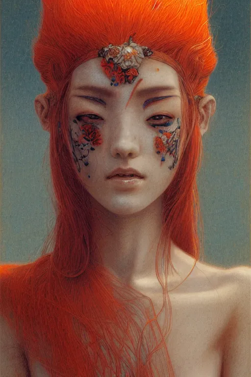 Image similar to portrait of beautiful young mainem, warhammer, japaneese style, cyberpunk armor, a lot of more scars, more and more flowers, orange head, the middle ages, highly detailed, artstation, illustration, art by jean delville, 8 k quality