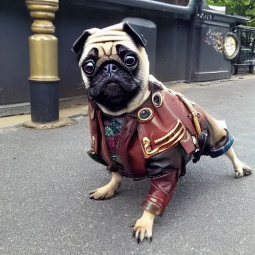 Image similar to photo of a pug dressed in steampunk gear.