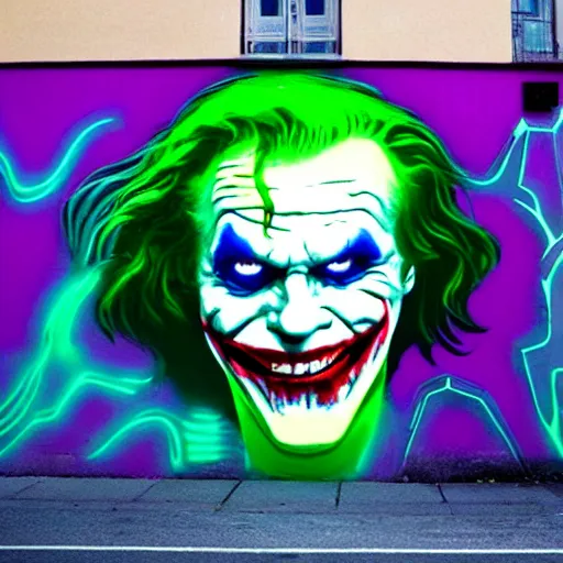 Image similar to florescent glowwave graffiti of the joker on a street wall, glow wave