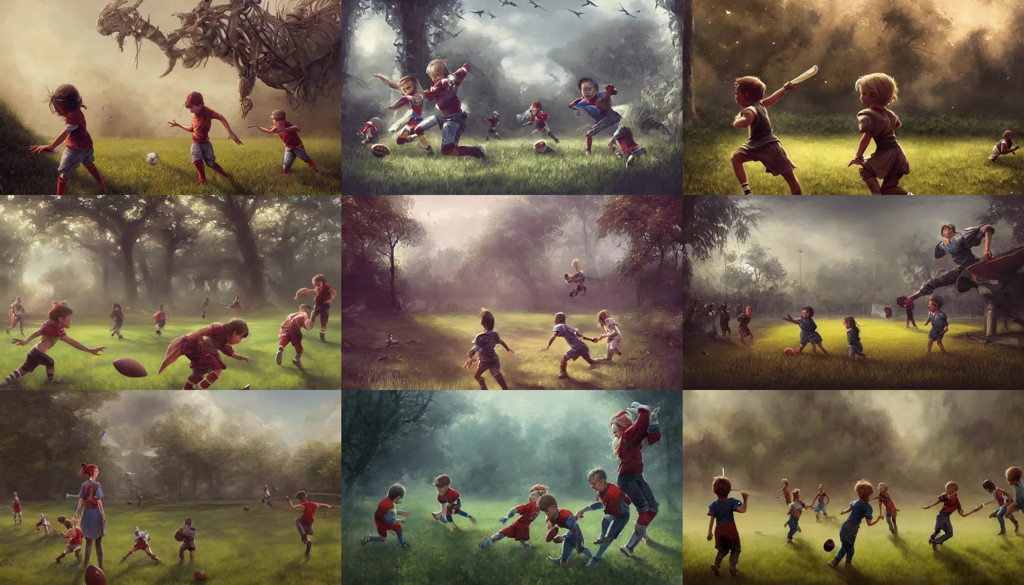 Prompt: fantasy painting of backyard football field with a pair of playing children, wide shot, digital painting, intricate details, trending on artstation, realistic, highly detailed, smooth, sharp focus, beautiful, 4 k, 8 k, hd, art by charlie bowater and artgerm and greg rutkowski