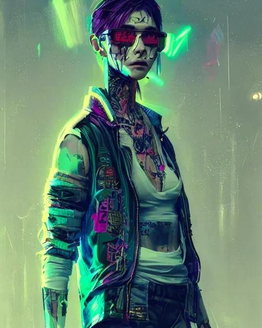 Image similar to detailed portrait Young Gangster Girl cyberpunk futuristic ((neon)) tattoes, styled hair Reflective gauzy fine-spun film jacket, decorated traditional ornaments by ismail inceoglu dragan bibin hans thoma greg rutkowski Alexandros Pyromallis Nekro Zac Retz illustrated Perfect face, fine details, realistic shaded, fine-face, pretty face