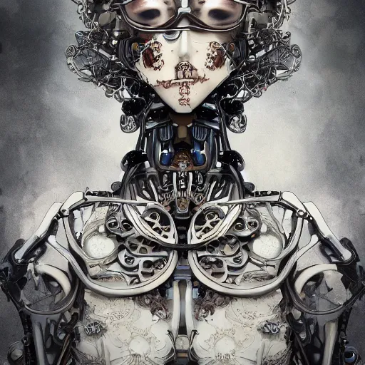 Image similar to surreal manga anime photo portrait of complex bio-mechanical beautiful young female skeletal cyborg with a Mandelbrot fractal steampunk metal fine lace face, retrofuturistic depressing, floral foliage super big lace collar, rococo, steampunk, 8k