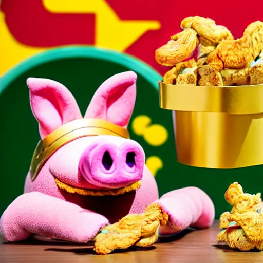 Image similar to studio photograph of a pig wearing a gold crown depicted as a muppet eating pork rinds surrounded by pickles