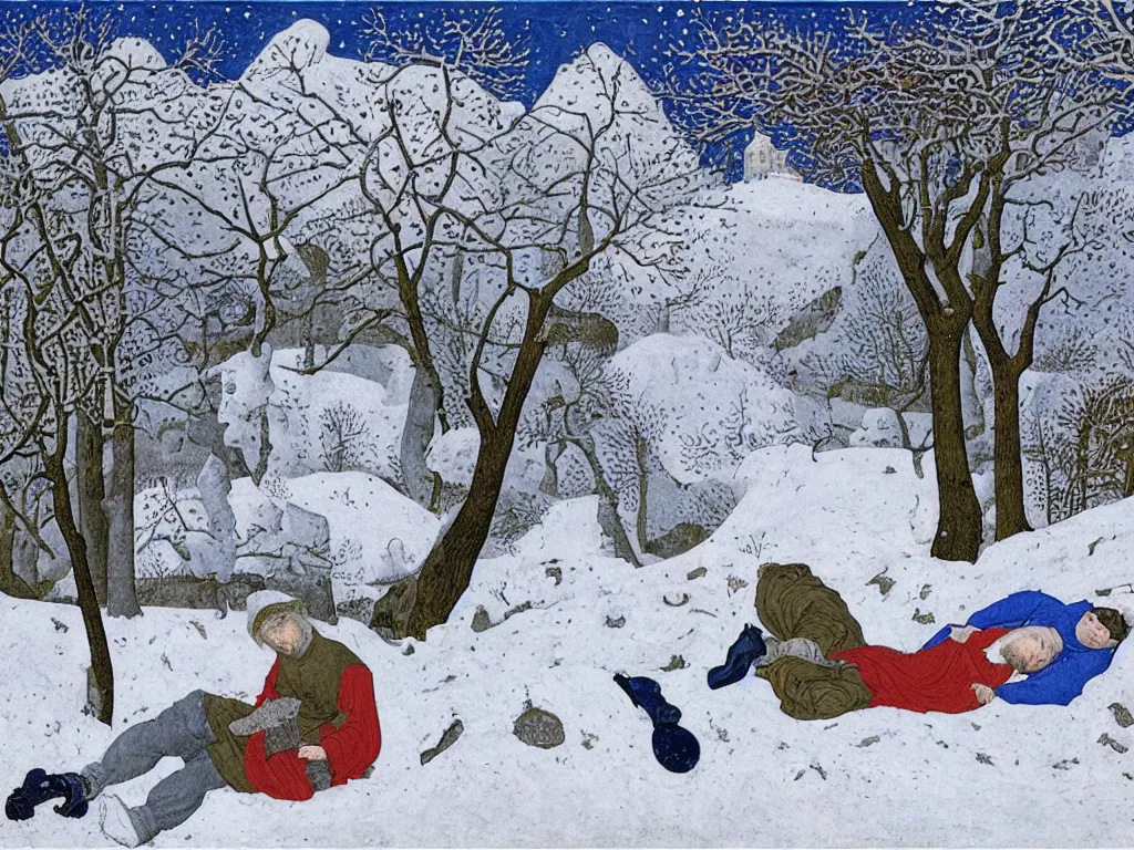 Prompt: portrait of a man sleeping in the snow. painting by limbourg brothers