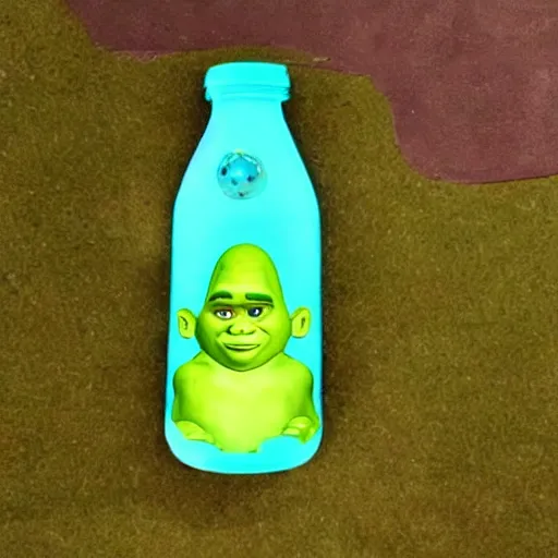 Prompt: a children's bottle inspired by shrek's design, ia bottle n the shape of shrek