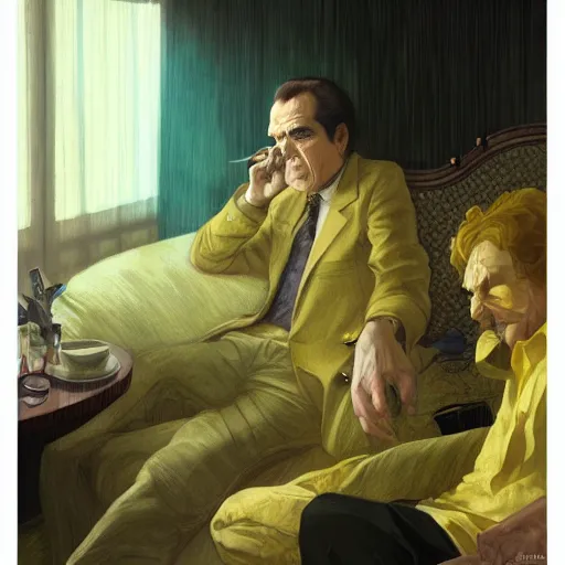 Image similar to Richard Nixon smoking weed in a hotel room with Bob Dylan, yellow theme, by krenz cushart and mucha and yoneyama mai and greg rutkowski