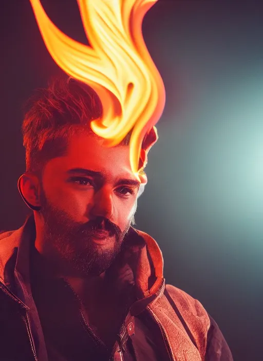 Image similar to Man with fire flames facial hair, light atmosphere, neon, cinematic shot, intricate, ornate, photorealistic, ultra detailed, realistic, 100mm, photography, octane, high definition, depth of field, bokeh, 8k, artstation