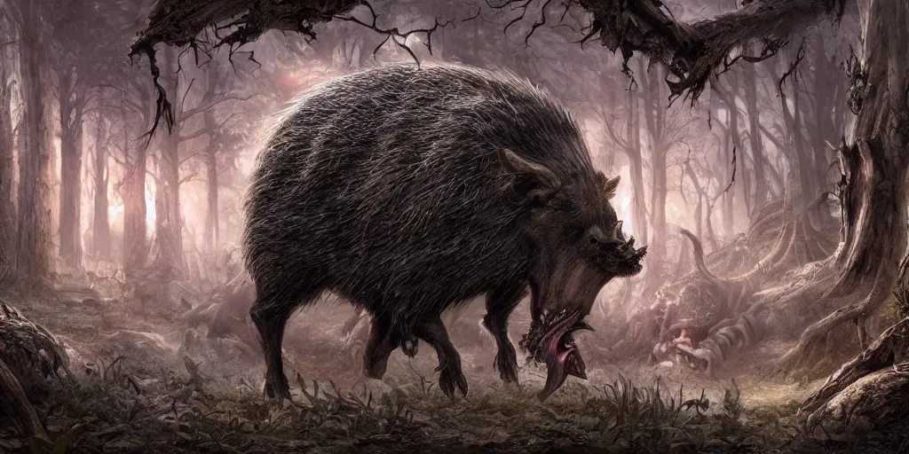 Image similar to giant monstrous wild boar with red eyes and many tusks, in dark woods, dim colors, forest, highly detailed illustration, masterpiece, fantasy, magical, hyperdetailed, realistic, witch fairytale, 4 k, 8 k, highly detailed matte painting, dungeons and dragons