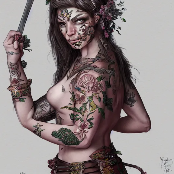 Image similar to christine henderson as a female warrior, body covered in floral tattoos, d & d, fantasy, highly detailed, digital art, trending on artstation, smooth, sharp focus, illustration, art by peter tang and artgem