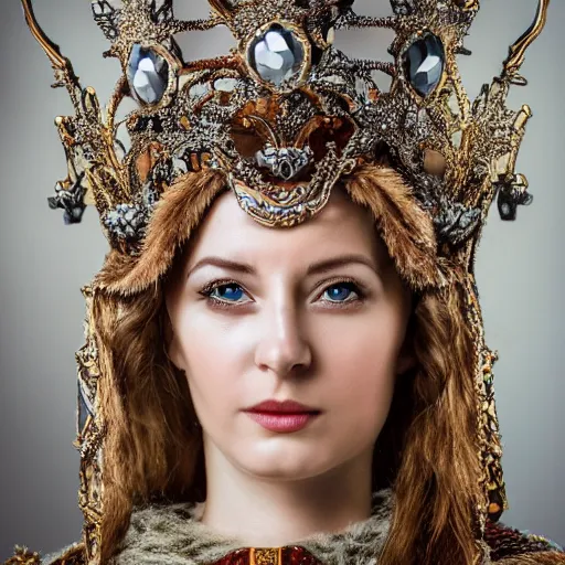 Prompt: beautiful nordic queen with ornate cloak and crown, highly detailed, 4k, HDR, smooth, sharp focus, hyper realistic, high resolution, award-winning photo