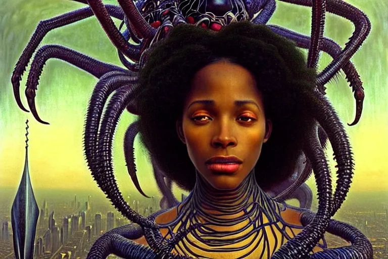 Prompt: realistic detailed photorealistic portrait movie shot of a beautiful black woman with a giant spider, dystopian city landscape background by jean delville, denis villeneuve, amano, yves tanguy, alphonse mucha, ernst haeckel, david lynch, edward robert hughes, roger dean, cyber necklace, rich moody colours, cyber patterns, wide angle