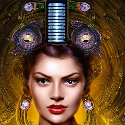 Image similar to one very beautiful woman integrating with technology, full face frontal centered, portrait, insipiring, detailed intricate ornate cables connected to head, big open electric eyes, luxurious detailed abundent wiring and implants, diamonds, sci-fi, neon, emeralds, detailed technology full background, highly detailed, artstation, Rene Lalique and Eddie Mendoza and Gil Elvgren