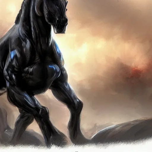 Image similar to an enormously muscular black - coated anthro horse at a research facility wearing skintight body armor, highly detailed, digital painting, artstation, concept art, illustration, art by artgerm, greg rutkowski, wlop