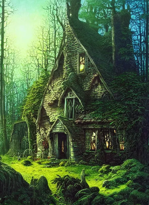 Image similar to hyper realistic witch cottage with mood lighting and technology in the woods gorgeous lighting, sunbeams blue sky, highly detailed, lush forest foliage painting by zdzisław beksinski and norman rockwell and greg rutkowski weta studio, and lucasfilm