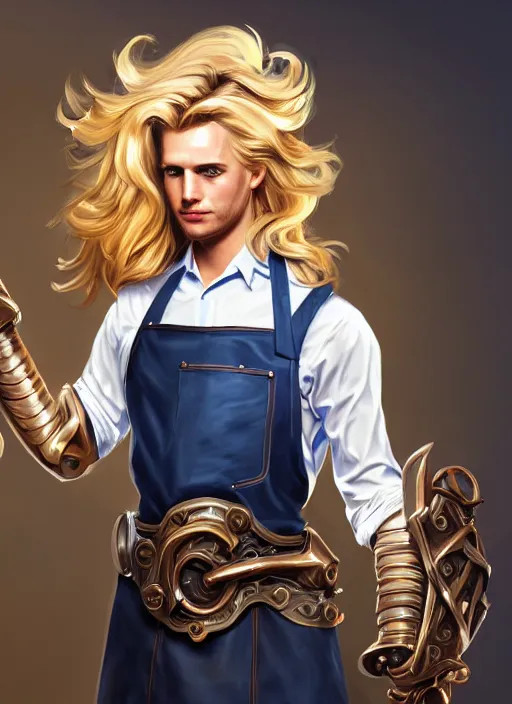 Image similar to a highly detailed illustration of long wavy bright blonde haired effeminate boy wearing blue blacksmith apron and iron cybermechanical arms, blue eyes, dramatic smiling pose, intricate, elegant, highly detailed, centered, digital painting, artstation, concept art, smooth, sharp focus, league of legends concept art, wlop