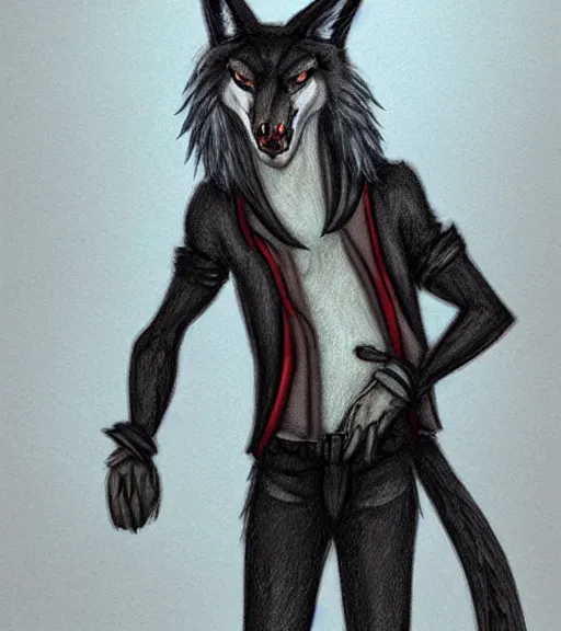 Image similar to expressive stylized master furry artist digital colored pencil painting full body portrait character study of the sergal wolf fursona animal person wearing clothes by master furry artist blotch