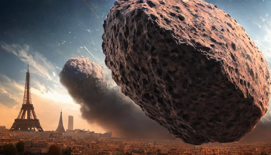 Prompt: A huge meteorite is about to hit Paris, hyperdetailed, artstation, cgsociety, 8k