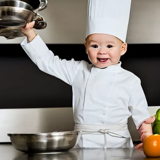 Image similar to tiny and innocent baby yoda appears as a chef wearing a white chefs hat and apron in a beautiful kitchen, preparing some food