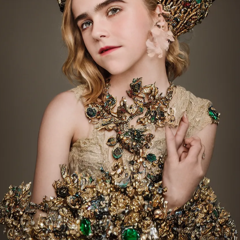 Image similar to kiernan shipka as queen, big crown adorned with emerald, diamonds, topaz and other jewellaries, sensual, beautiful soft light failling on her face, studio photography, nikon 3 5 mm portrait photography, ultra realistic