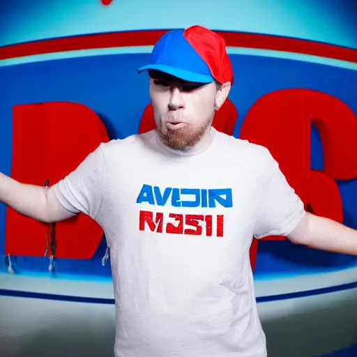 Image similar to a full body shot of an average white, short young - adult man with blue dyed hair holding a microphone, wearing a red backwards cap, white t - shirt with a red no symbol on it, blue long pants and red shoes