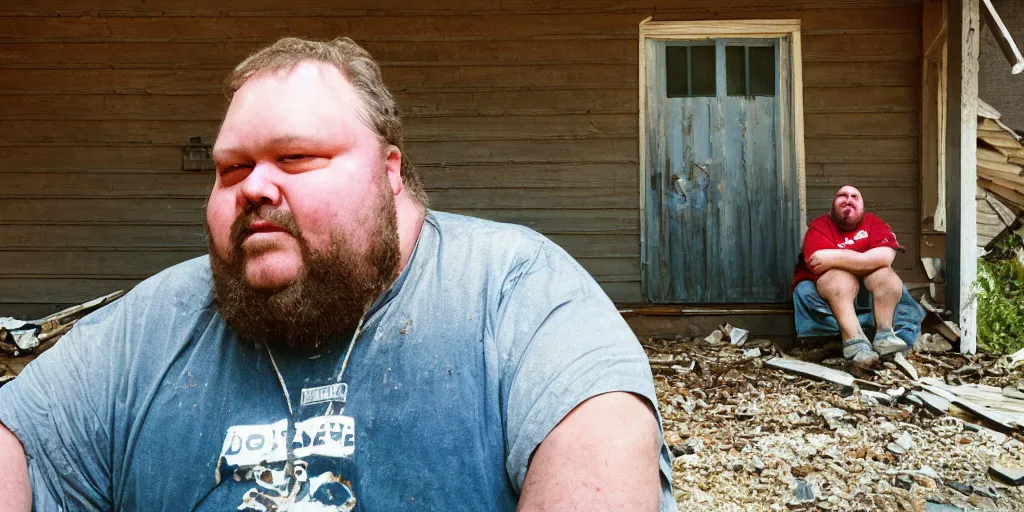 Image similar to close up portrait of fat redneck man sitting on front porch of dilapidated house, kodak gold 2 0 0,