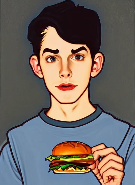 Image similar to oil painting, teenage jughead jones, wears a light grey crown, and devours a hamburger, intricate, elegant, highly detailed, pinocchio nose, lighting, painting, artstation, smooth, illustration, art by greg rutowski and alphonse mucha