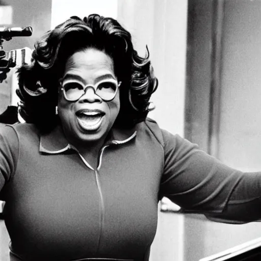 Prompt: oprah winfrey robbing a bank with a shotgun