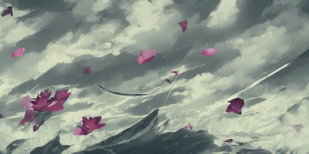 Image similar to background art of flying longswords flowing through the slicing through directional wind on a simple cloudy sky background featuring an enormous tsunami, big puffy clouds, sharp rain, large rose petals, lotus petals, large polygonal background elements, large polygons, dramatic anime, dramatic lighting, artgerm, manga, trending on artstation, art nouveau, mature colors