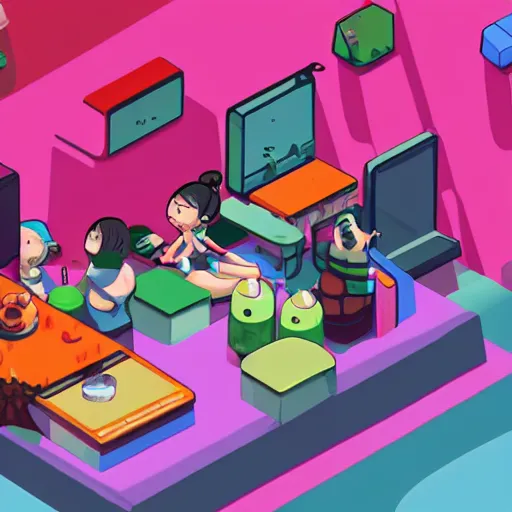 Prompt: cannabis cafe detailed cute characters, isometric fun style rendered, by ren hang, australian style video game still