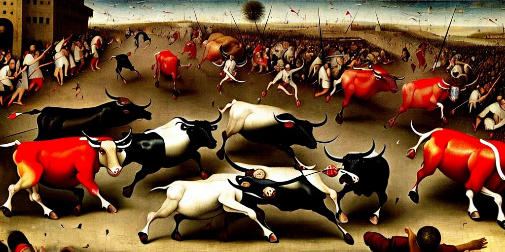 Image similar to the running of the bulls in pamplona, hundreds of people are fleeing from rampaging bulls in the city streets, art by hieronymus bosch, intricate, elegant, highly detailed, smooth, sharp focus, artstation