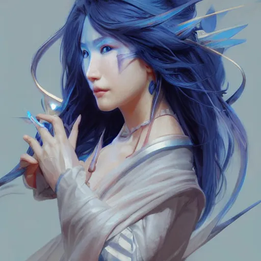 Image similar to Japanese lightning goddess, D&D, blue color palette, highly detailed, digital painting, artstation, concept art, sharp focus, illustration, cinematic lighting, art by artgerm and greg rutkowski and alphonse mucha