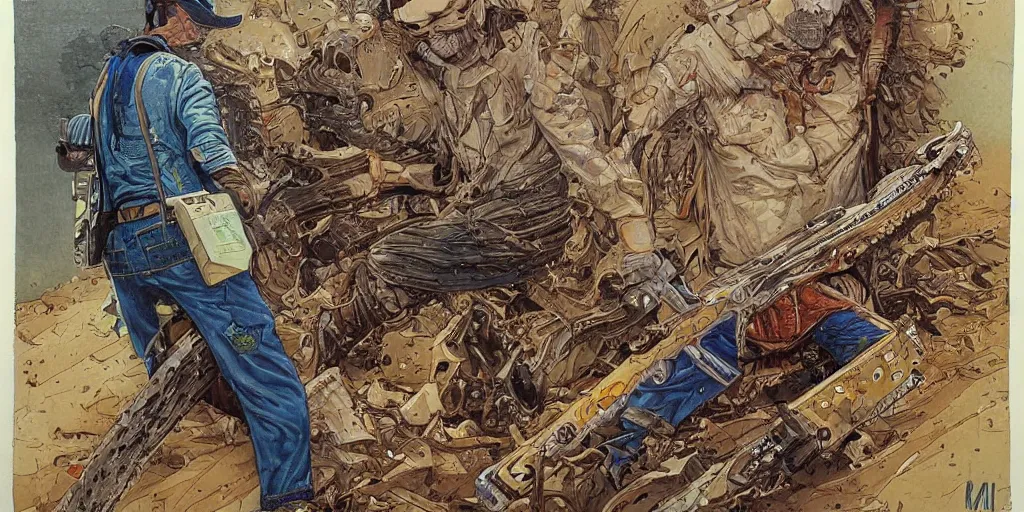 Image similar to Highly detailed painting of a chainsaw man by moebius