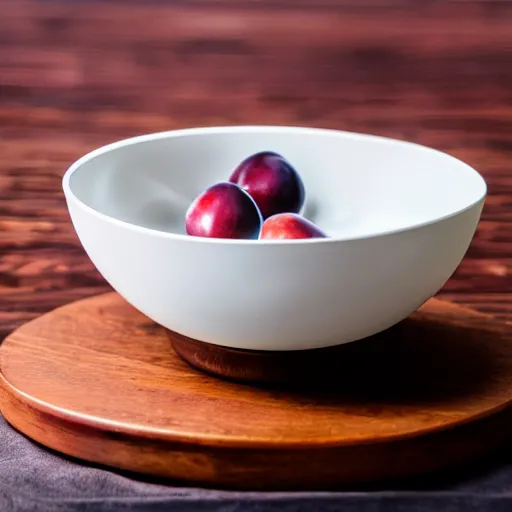 Image similar to photo of a thick porcelain bowl filled with a few moist freshly picked plums on a wooden table. volumetric lighting. 4 k. small scale. realistic. top down.