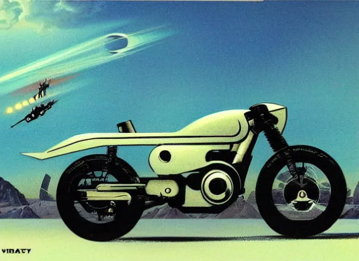 Prompt: ( ( ( ( ( sci - fi retro futuristic motorcycle, 1 9 5 0 s 1 9 6 0 s scrambler, cafe racer, concept art ) ) ) ) ) by vincent di fate and john berkey!!!!!!!!!!!!!!!!!!!!!!!!!!!!!!