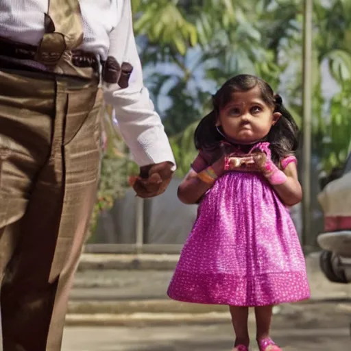 Image similar to close-up of Jyoti Amge the shortest woman in the world as a detective in a movie directed by Christopher Nolan, movie still frame, promotional image, imax 70 mm footage