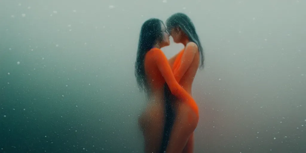 Prompt: a blurry closeup picture of gorgeous human bodies intertwined, female bodies, dripping wet, macro photography, long exposure photograph, surrealism, anamorphic bokeh, cozy, soft light, cyan and orange, caustic, atmospheric fog, octane render, cinematic