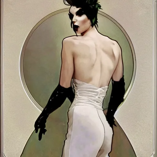 Image similar to beautiful portrait of androgynous ruby rose as desire from sandman in a white tuxedo!!!, rockabilly style, by alphonse mucha, cedric peyravernay, by jeremy mann, by frank moth, white suit and black tie, soft lightning, high detailed, 8 k