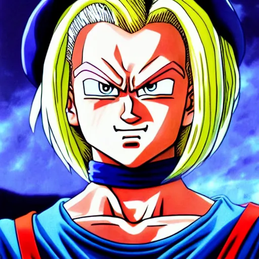 Image similar to ultra realistic portrait painting of android 1 8, art by akira toriyama, 4 k, dragon ball artstyle, cel shaded, highly detailed, epic lighting