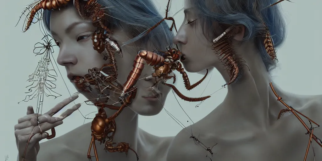 Image similar to hyperrealistic photography of a gorgeous female scientist constructing an insect - making machine in the style of jin kagetsu, james jean, chris cunningham, hans bellmer and wlop, highly detailed, face symmetry, masterpiece, award - winning, sharp focus, intricate concept art, ambient lighting, 8 k, artstation