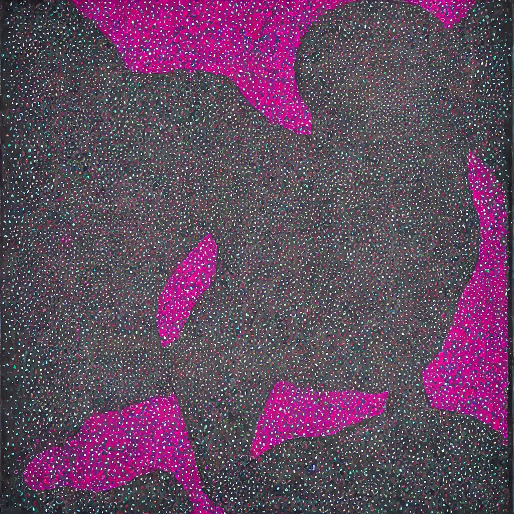 Image similar to camo made of out teeth, smiling, abstract, maya bloch artwork, pink convertible, do hoang tuong artwork, cryptic, dots, stipple, lines, splotch, concrete, color tearing, pitch bending, faceless people, tribal, dark, ominous, eerie, minimal, points, technical, painting